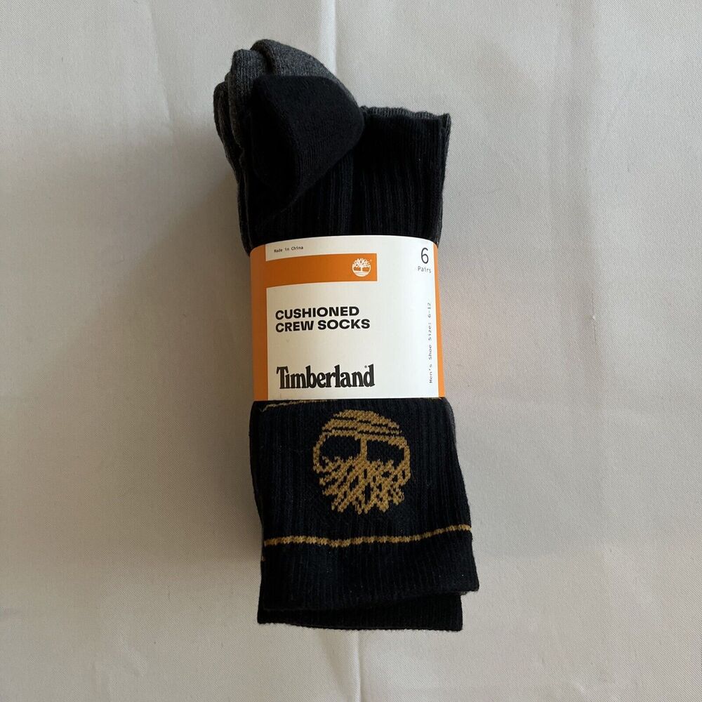 Timberland Mens‎ Crew Sock Cushioned 6 Pair Shoe Size 6-12 Black & Gray